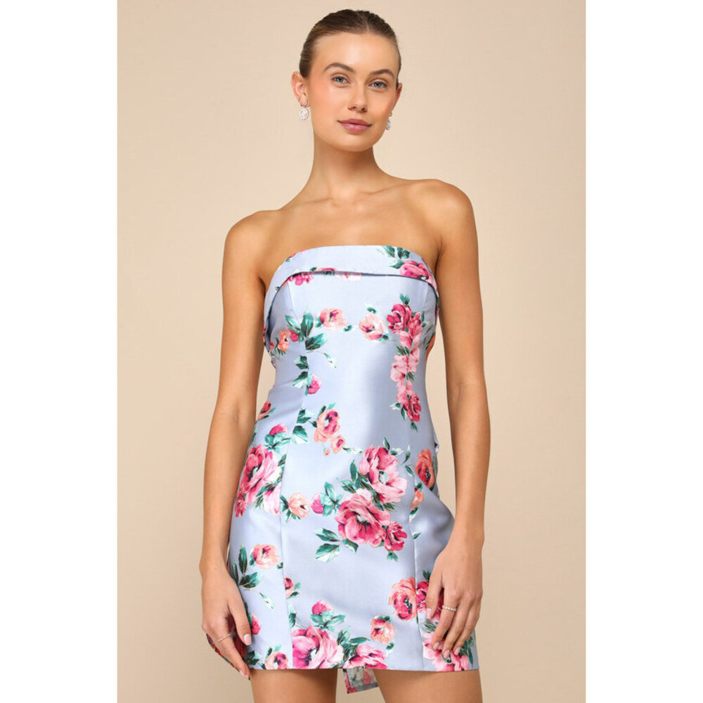 Lulus Luxe Wonder Light Blue Floral Taffeta Strapless Bow Mini Dress - Size L